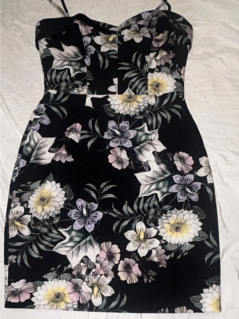 Black Halo Black Floral Strapless Mini Dress